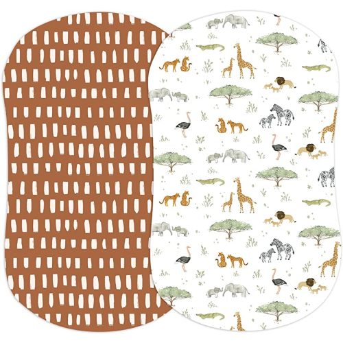 Baby Bassinet Sheets for Boy, Girl (Safari Adventures) 2-Pack - Fitted Bedside Bassinet Sheets - Buttery Soft Cotton Blend for Standard Mattress Pad - Compatible with Halo BassiNest