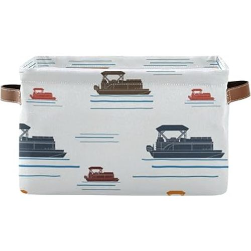Oyihfvs Editable Side View Flat Style Pontoon Boat on Sea Water on White 1 PC Rectangle Storage Basket Collapsible Fabric with Leather Handles Bag Organizer Clothes for Home Bedroom 15 x 11 x 9.5 in