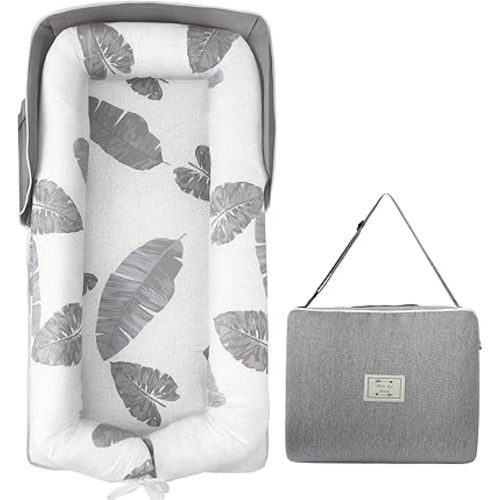 Portable Baby Lounger - Foldable Infant Lounge with Adjustable U-Shaped Bumper & Storage Bag, Breathable Cotton Snug Spot for Supervised Rest & Play at Home or On The Go,Gray Leaf