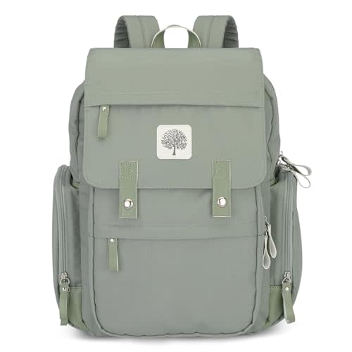 Parker Baby Diaper Backpack - Large Diaper Bag with Insulated Pockets, Stroller Straps and Changing Pad -"Birch Bag" - Sage Green