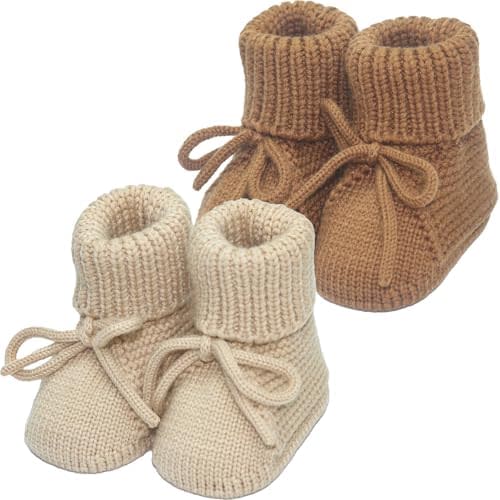Baby Booties Soft Knitted Newborn Sock Shoes for Infant Boys Girls First Walking 2 Pairs,0-6 Months