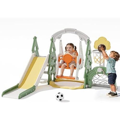 XJD 6-in-1 Toddler Slide and Swing Set, Kids Slide for Toddlers Age 1+, Toddler Outdoor Playset with Basketball Hoop, Football Frame, Swing, Christmas Birthday Gifts for Kids (Green)