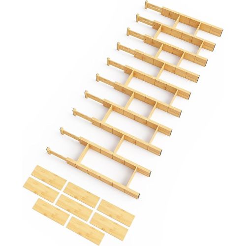SpaceAid Bamboo Drawer Dividers with Inserts and Labels, Kitchen Adjustable Drawer Organizers, Expandable Organization for Home, Office, Dressers, 4 Dividers with 9 Inserts (17"-22" Natural)