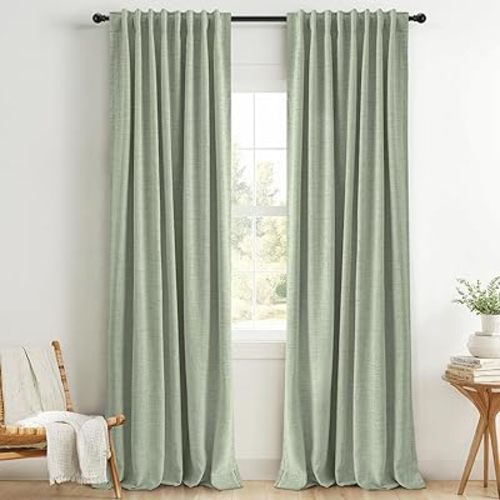 INOVADAY 100% Blackout Curtains 84 Inches Length 2 Panels Set, Back Tab/Rod Pocket Linen Black Out Curtains for Bedroom, Thermal Insulated Window Drapes - Sage Green, W50 X L84