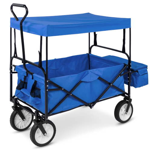 Best Choice Products Collapsible Folding Outdoor Utility Wagon with Canopy Garden Cart w/ Removable Canopy - Blue