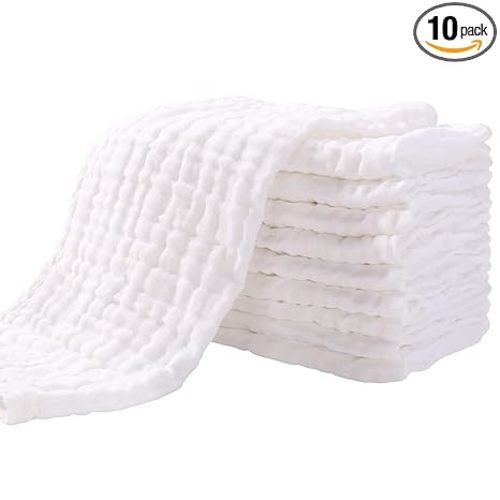 Yoofoss Muslin Burp Cloths for Baby 10 Pack 100% Organic Cotton Baby Washcloths for Boys Girls Large 20''X10'' Super Soft and Absorbent White