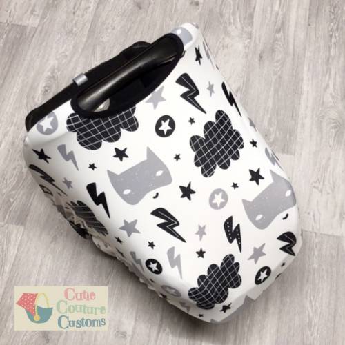 Monochrome Super Hero Car Seat Canopy: Universal Fit, UPF 50+ Sunshade