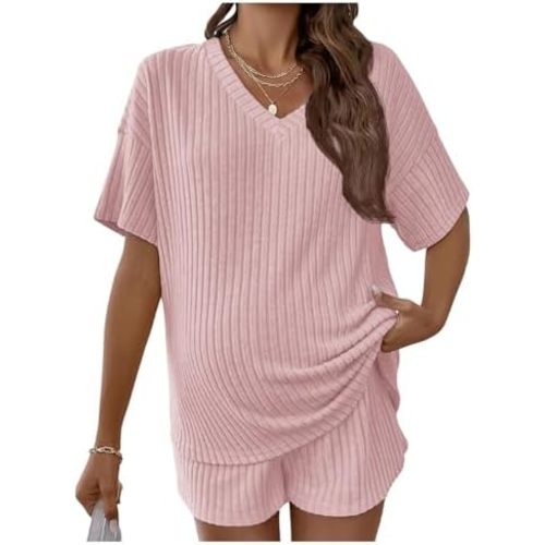 MakeMeChic Women's Maternity 2 Piece Outfits Pajamas Lounge Sets Summer Short Sleeve Rib Knit Tee Top and Short Mama Clothes