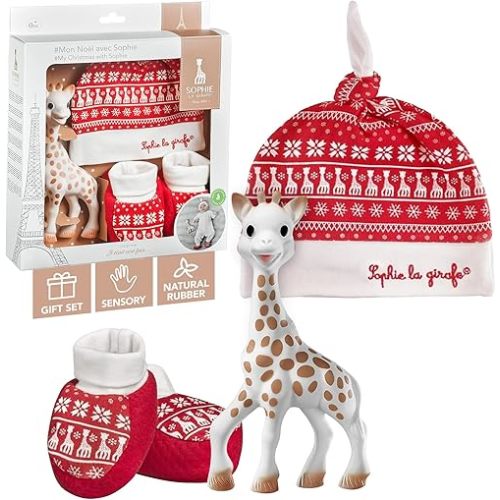 Sophie la girafe Juego de regalo My Christmas with Sophie | Incluye Sophie la girafe, gorra de Navidad y calcetines | Hecho a mano en Francia | Comodidad y calma | Despierta los 5 sentidos