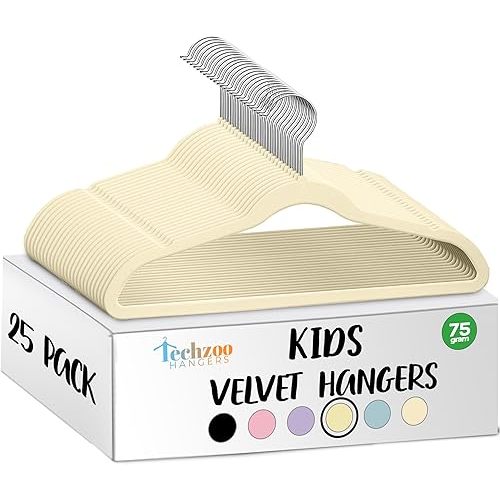 25 Premium Kids Velvet Hangers - 14" Non-Slip Clothes Hangers for Kids & Preteens - Ultra Slim, Space-Saving, Strong & Durable Hangers with 360° Swivel Hook - Beige