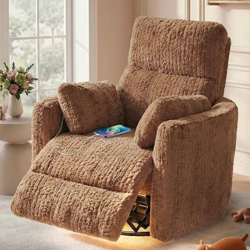 HUSFU Power Swivel Rocker Recliner Chair for Adults, Nursery Glider Rocking Chair with Nightlight and USB & Type-C Ports, Comfy Plush Recliner Chairs for Living Room,Bedroom,Brown