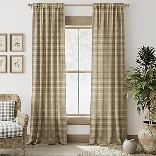 RYB HOME Farmhouse Linen Plaid Curtains Light Filtering 108 inches Long
