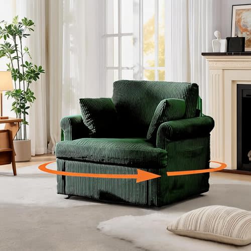 Garvee 39" Modern 360 °Swivel Accent Chair,Large Corduroy Accent Chairs with 2 Pillows,Comfy Upholstered Round Armchair Single Sofa for Living Room,Bedroom,Office,Reading,Green