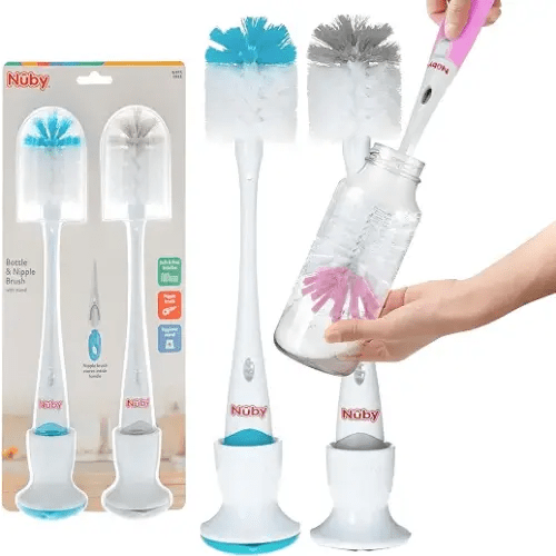 Nuby Bottle and Nipple Brush with Soft Bristles | 2 Pack: Blue & Grey or Pink & Lime | Accessory Cleaning Brush and Drying Stand