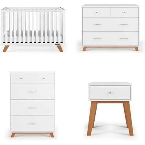 Child Craft Soho Design 4-in-1 Convertible Baby Crib Nursery Furniture Set - Baby Bed, 3 Drawer Dresser, Chest Drawer and Nightstand Desk for Babies, Toddlers and Kids (4 Piece - White/Natural