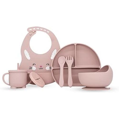 8-piece Silicone Baby Feeding Set - Animal Print Baby Essentials - Toddler Plates & Cup with Lid - Baby Led Weaning Supplies - Adjustable Bibs Microwave - Dishwasher Safe - BPA-free - Pink