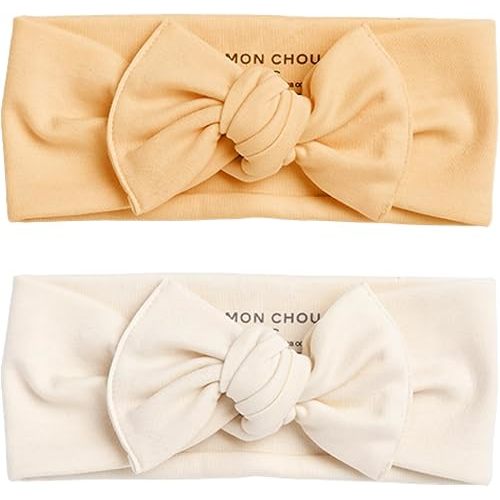 MON CHOU Adjustable Baby Headbands - Set of 2 Organic Cotton Headbands for Baby Girls - Ultra Soft, 100% Pima Cotton Infant Hair Bows (Ivory & Peach Fuzz)