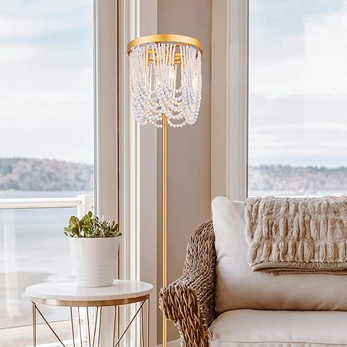 Wellmet Gold Floor Lamp for Living Room, Boho Floor Lamp with White Wood Beads for Bedroom, Unique Round Decorative Floor Lamps Lighting Fixture 60'' Sofa Bedside Standing Corner Lamp