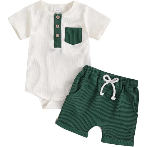 fhutpw Baby Boy Clothes Short Sleeve Romper & Shorts Sets Newborn 3 6 12 Months Summer Knitted Ribbed Splicing Color Outfits