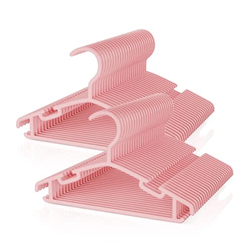 VILICK Kids Plastic Hangers, Baby Clothes Hangers for Closet 50 Packs Non-Slip Toddler Hangers for Infant Child Clothing for Pants Coats Skirts (Pink)