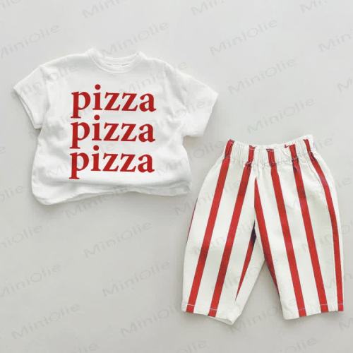 PIZZA PIZZA PIZZA Baby Red Vertical Striped 2-piece Set
