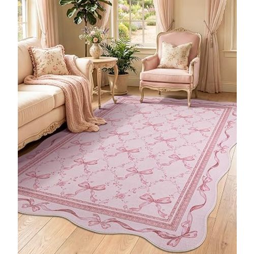 YIHOUSE Pink Bow Area Rug for Girls: 5x7 Washable Floral Scalloped Rugs