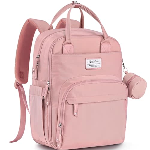 RUVALINO Diaper Bag Backpack, Multifunction Travel Back Pack for Girls, Maternity Baby Changing Bags with Changing Pad for Mom, Large Capacity, Waterproof and Stylish, Pink