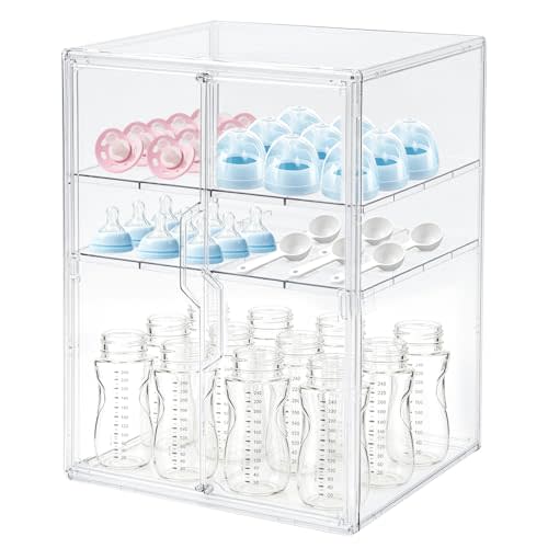 X-LARGE Baby Bottle Organizer, Upgraded Bottle Storage Organizer Baby for Countertop Cabinet, Removable Baby Organizer with Magnetic Door, Bottle Station Organizer for Nipples, Pump Parts, 2 Doors