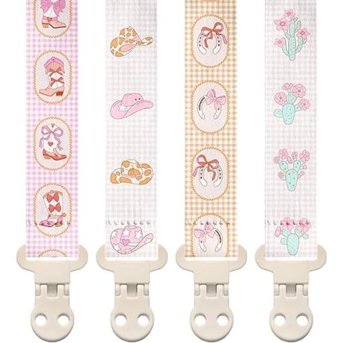 Stadela Baby Fabric Pacifier Clip Holder, Plastic Clip, 4‑Pack, Western Pattern, Jolene Set