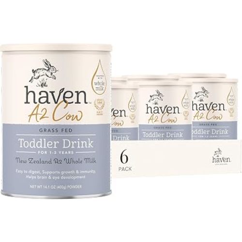 Haven A2 Cow Toddler Formula, Whole Milk, No Added Sugar, No Seed Oils, Grass Fed Milk from New Zealand, DHA Omega-3, Probiotics & Prebiotics, Lutein, Easy to Digest, 12+ Months, 14.1oz (6 Pack)
