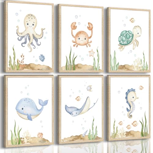 6 Pcs Ocean Nursery Poster Wall Art,Sea Painting Picture Wall Decor,Nursery Animal Canvas Print Artwork,Under The Sea for Kids Bathroom,Boys Room,Girls' Room Home Decoration Unframed 12x16inch