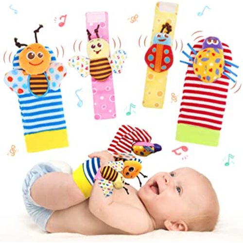 Bloobloomax Wrist Rattles Foot Finder Rattle Sock Baby Toddlor Toy,Rattle Toy,Arm Hand Bracelet Rattle,Feet Leg Ankle Socks, Present Gift for Newborn Infant Babies Boy Girl Bebe (4 Bugs)