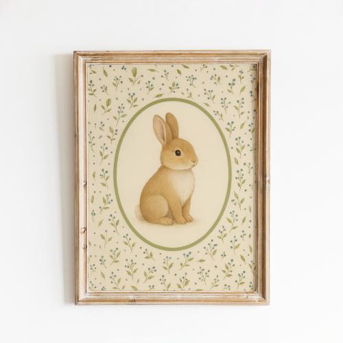 Vintage Oval Bunny Nursery Poster – Soft Woodland Rabbit Wall Art for Kids