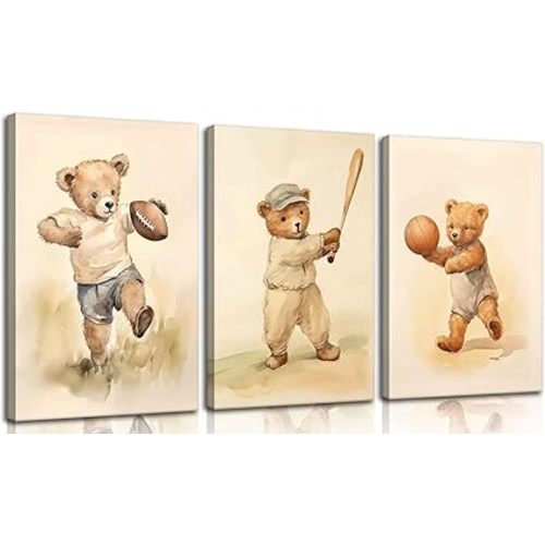 3Pcs Teddy Bear Sports Nursery Animal Canvas Wall Art Cute Woodland Baby Bear Rugby Wall Decor Pictures Football Basketball Baseball Kids Room Posters Prints for Children Bedroom Decoration No Frames