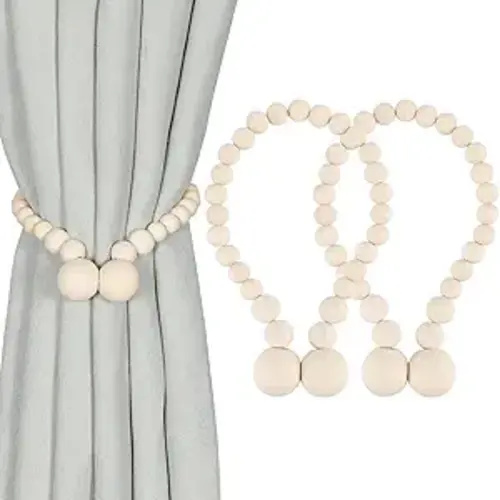 KLOGTSIND Magnetic Curtain Tiebacks, Curtain Holdbacks for Curtains 2 Pack, Wood Bead Curtain Holders for Boho Bedroom Decor, Baby Nursery Decor, Farmhouse Decor