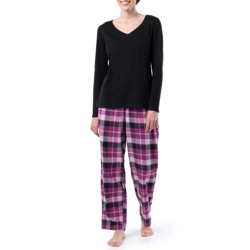 Fruit of the Loom Women's Beyond Soft Long Sleeve Waffle Top and Flannel Bottom Pajama Set, Sizes S-4X