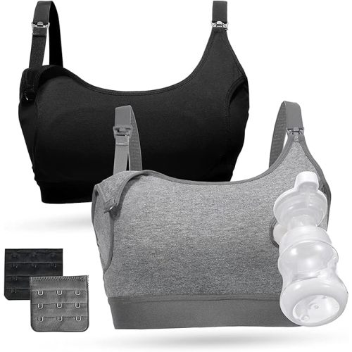 Momcozy Pumping Bra Hands Free, Pumping and Nursing Bra in One Holding Breast Pump for Spectra, Lansinoh, Medela, Black,grey-2pk, Medium