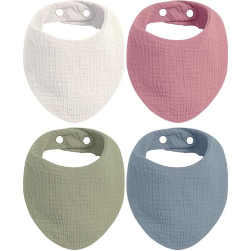 KiddyCare Organic Muslin Baby Bibs for Girls Boys 0-6 Months | Baby Bandana Bibs, Super Soft for Drooling and Teething, Muslin Bib, 4-Color Pack
