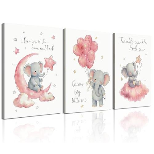 HQQUCC Watercolor Elephant Nursery Canvas Wall Art, Pink, 12x16 Inch | Inspirational Quotes, Framed, Set of 3