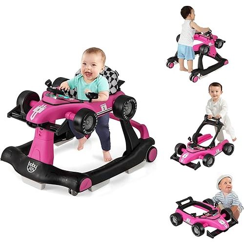 BABY JOY 4-in-1 Baby Walker, Foldable Activity Walker with Adjustable Height & Speed, Music, Lights, Anti-Rollover, Toddler Push Walker, Baby Walker with Wheels for Boys Girls 6-18 Months (Pink)