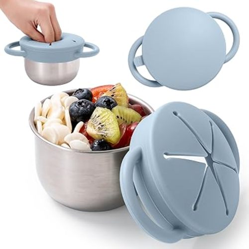 1 Pack Snack Containers for Toddlers, 3-in-1 Stainless Steel Toddler Snack Cups with Removable Silicone Food Catcher & Travel Lids, No-Spill Snack Container for Baby Self-feeding