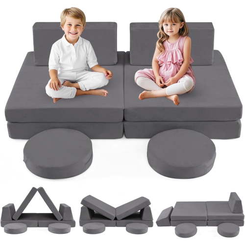 INFANS Modular Kids Play Couch, 6 PCS Toddler Creative Sectional Fort Building Sofa for Playroom, Bedroom, Children Convertible Soft Foam Furniture Playset and Floor Cushion for Boys and Girls