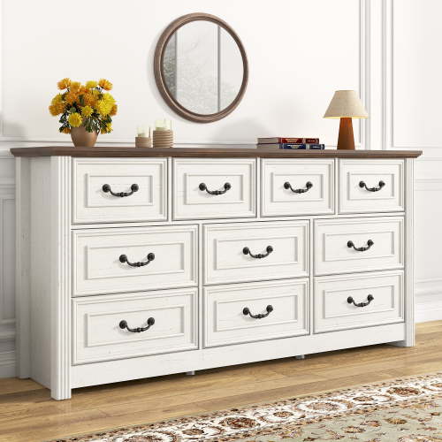 ChVans Farmhouse 10 Drawers Dresser for Bedroom, 63'' Wide Wood Rustic Chest of Drawers with Natural Texture, Vintage Design, Large Storage Dressers Organizer for Living Room, Hallway