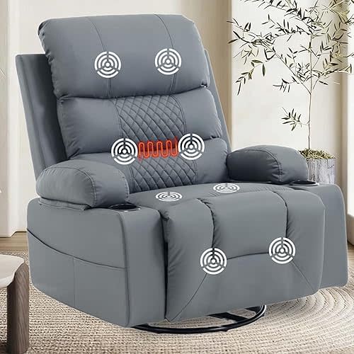 KCQ Oversized Swivel Rocker Recliner Chair with Heat Cup Holder, Faux Leather Heated Massage Rocking Recliner Glider Chair for Nursery, Grey