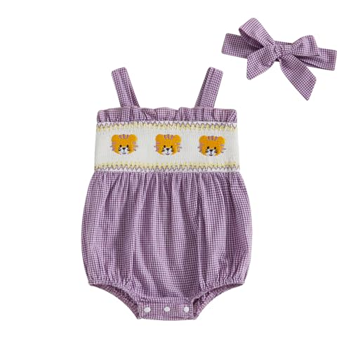 Dcohmch Baby Girl Plaid Summer Romper Tiger Embroidered Smocked Sleeveless Bodysuit Cute Infant Clothes Football Outift