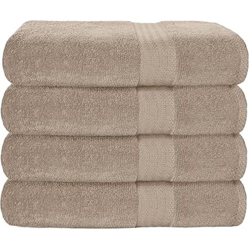 GLAMBURG Premium Cotton 4 Pack Bath Towel Set - 100% Pure Cotton - 4 Bath Towels 27x54 - Ideal for Everyday use - Ultra Soft & Highly Absorbent - Tan