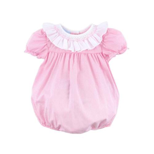 Pink Gingham Smocked Ruffle Collared Bubble
