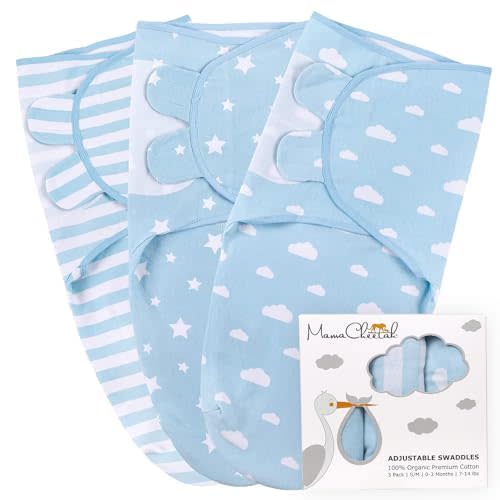 Mama Cheetah Baby Swaddle Sack, Organic Swaddling Blanket, Newborn Swaddle Sleep Sacks, Adjustable Infant Swaddle Wrap, Easy Swaddles for Boy 0-3 Month, Baby Essentials, Nursery Swaddling 3-Pack, Blue