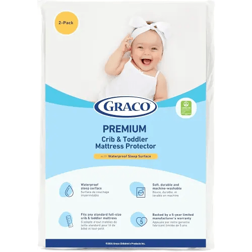 Graco Premium Waterproof Crib and Toddler Mattress Protector (2 Pack) – GREENGUARD Gold Certified, Machine-Washable & Dryer-Friendly, Waterproof Sleep Surface, Fits Crib & Mattress