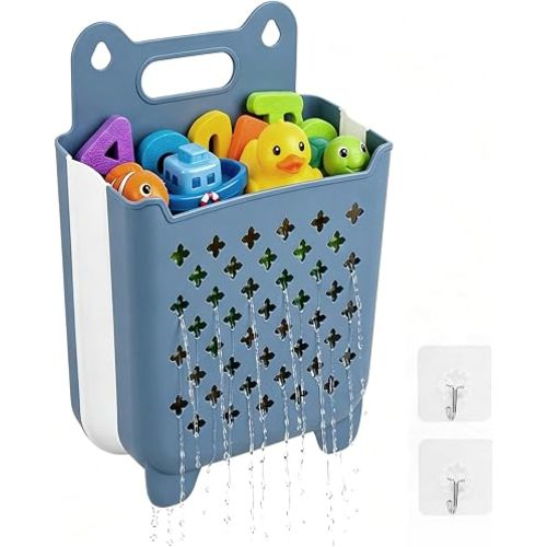 Bath Toy Bin, Stand Up Bath Toy Storage, Foldable Bath Toy Holder for Bathtub, Bathtub Toy Storage Basket, Large Capacity Wall Mounted Bath Toy Organizer for Baby Bath Essentials